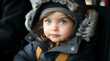 une peu fille avec bleu yeux séance dans le retour siège de une voiture génératif ai photo