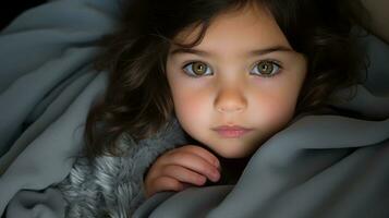 une peu fille avec gros vert yeux pose sur une couverture génératif ai photo