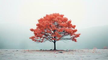 une seul rouge arbre dans le milieu de une brumeux champ génératif ai photo