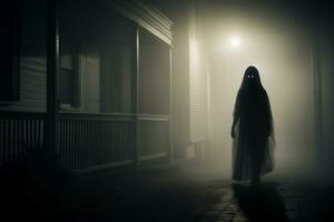 une la personne dans une fantôme costume est en marchant vers le bas une rue à nuit génératif ai photo