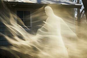 une la personne dans une fantôme costume permanent dans de face de une maison génératif ai photo