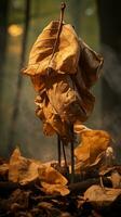 une pile de séché feuilles sur le sol dans le les bois génératif ai photo