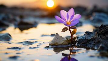 une violet fleur est croissance en dehors de le boue à le coucher du soleil génératif ai photo