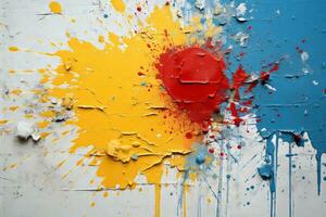 une rouge et bleu peindre éclaboussé mur avec une rouge cœur peint sur il génératif ai photo