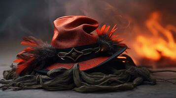 une rouge chapeau avec plumes et plumes séance sur Haut de une pile de brindilles génératif ai photo