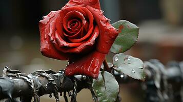 une rouge Rose sur une clôture avec l'eau gouttelettes sur il génératif ai photo