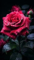 une rouge Rose avec l'eau gouttelettes sur il génératif ai photo