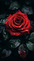 une rouge Rose avec l'eau gouttelettes sur il génératif ai photo