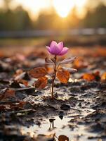 une Célibataire rose fleur est croissance en dehors de le sol génératif ai photo