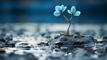 une petit bleu fleur pousse de une Roche dans le l'eau génératif ai photo