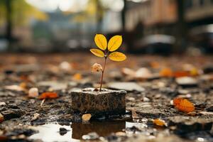 une petit plante croissance en dehors de une en bois bloquer dans le milieu de une flaque génératif ai photo