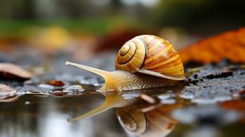 une escargot est en marchant sur le sol avec feuilles dans le Contexte génératif ai photo