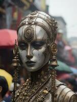 une statue de une femme avec élaborer maquillage et bijoux génératif ai photo