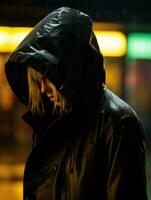une femme dans une noir encapuchonné veste permanent dans le pluie génératif ai photo