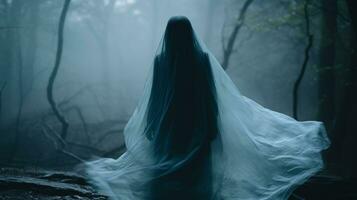 une femme dans une bleu robe permanent dans le les bois génératif ai photo