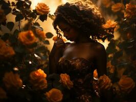 une femme dans une robe entouré par Jaune des roses génératif ai photo