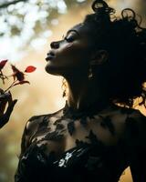 une femme dans une gothique robe en portant une rouge fleur génératif ai photo