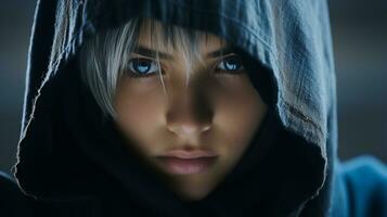 une femme dans une sweat à capuche avec bleu yeux génératif ai photo