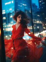 une femme dans une rouge robe permanent dans de face de une fenêtre génératif ai photo