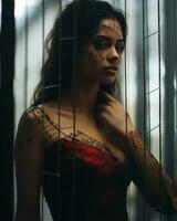 une femme dans une rouge robe permanent dans de face de bars génératif ai photo