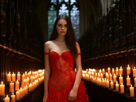 une femme dans une rouge robe permanent dans de face de bougies génératif ai photo