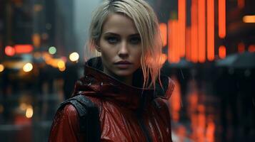 une femme dans une rouge veste permanent dans le pluie génératif ai photo