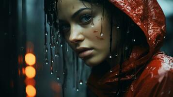 une femme dans une rouge imperméable avec l'eau égouttage vers le bas sa visage génératif ai photo