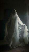 une femme dans une blanc robe est permanent dans de face de une fenêtre génératif ai photo
