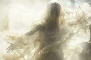 une femme dans une blanc robe avec fumée à venir en dehors de sa cheveux génératif ai photo