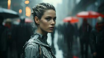 une femme dans armure permanent dans le pluie avec rouge parapluies génératif ai photo