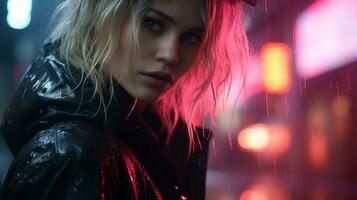 une femme dans le pluie avec néon lumières dans le Contexte génératif ai photo