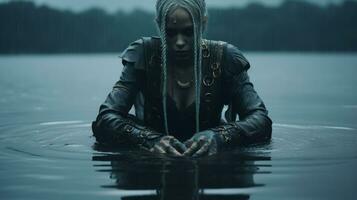 une femme séance dans le milieu de une Lac dans le pluie génératif ai photo