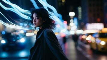 une femme en marchant par le ville à nuit génératif ai photo