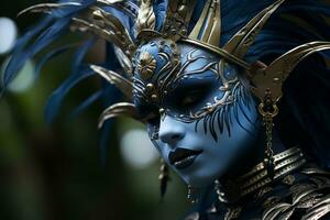 une femme portant une bleu et or masque génératif ai photo