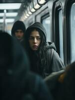 une femme portant une sweat à capuche sur une métro train génératif ai photo