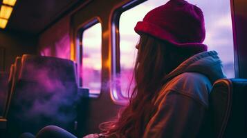 une femme portant une rose chapeau séance sur une train génératif ai photo