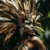 une femme portant un élaborer costume avec plumes sur sa tête génératif ai photo