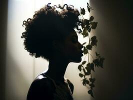 une femme avec un afro coiffure dans de face de une fenêtre génératif ai photo