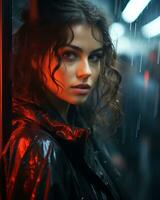 une femme avec frisé cheveux dans le pluie génératif ai photo