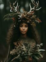 une femme avec cerf bois sur sa tête dans le les bois génératif ai photo