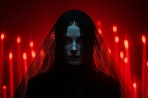 une femme avec longue noir cheveux dans de face de rouge bougies génératif ai photo