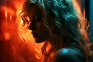 une femme avec longue blond cheveux est permanent dans de face de une rouge lumière génératif ai photo