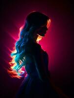 une femme avec longue cheveux et néon lumières dans le Contexte génératif ai photo