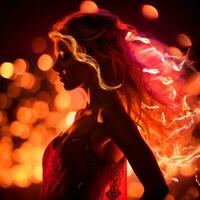 une femme avec longue cheveux dans de face de une brillant lumière génératif ai photo