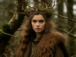 une femme avec longue rouge cheveux portant une couronne dans le les bois génératif ai photo