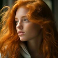 une femme avec longue rouge cheveux génératif ai photo