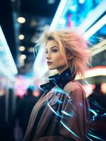 une femme avec néon lumières dans sa cheveux permanent dans de face de une néon signe génératif ai photo