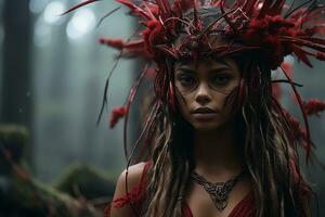 une femme avec rouge plumes sur sa tête dans le les bois génératif ai photo