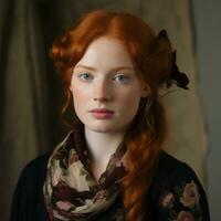 une femme avec rouge cheveux et une floral écharpe génératif ai photo