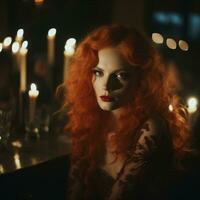 une femme avec rouge cheveux séance à une table avec bougies génératif ai photo